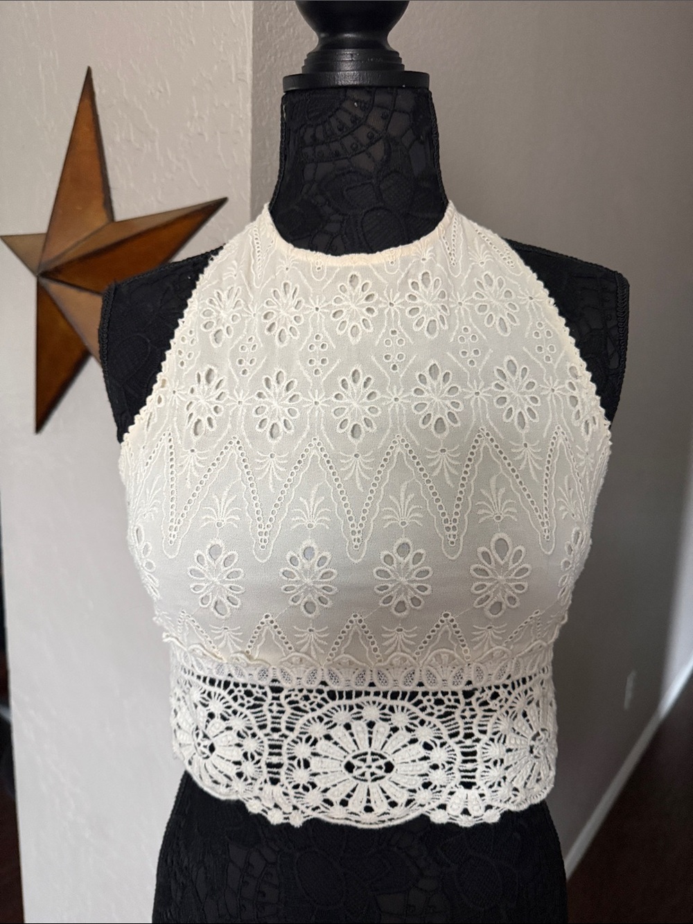 American Eagle Ivory Crochet Halter Lace Crop Top